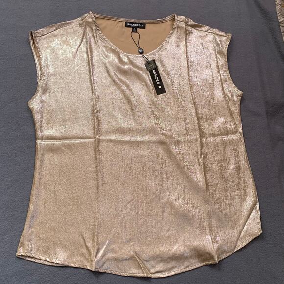 NWT Chances R Gold Copper Metallic Short Sleeve Blouse New Years Celebration Lg - Picture 1 of 8